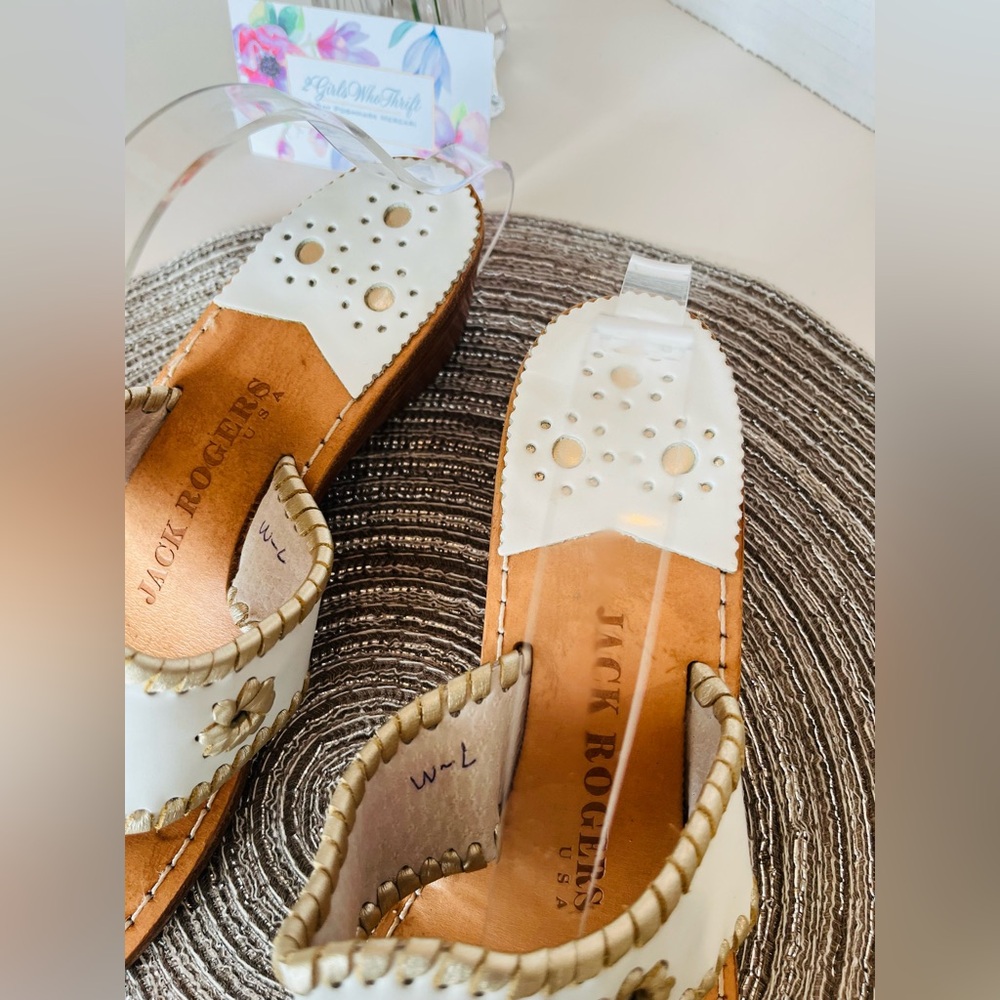 JACK ROGERS USA Sandals “Hamptons”Platinum (Retired) Mid-Wedge White w Gold Trim - Picture 9 of 14